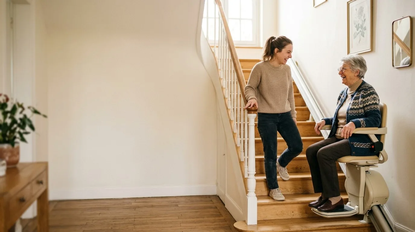 Monte-escalier électrique chez soi : femme senior assise sur le siège au bas d’un escalier tournant, sa petite-fille descend les marches à côté d’elle en riant