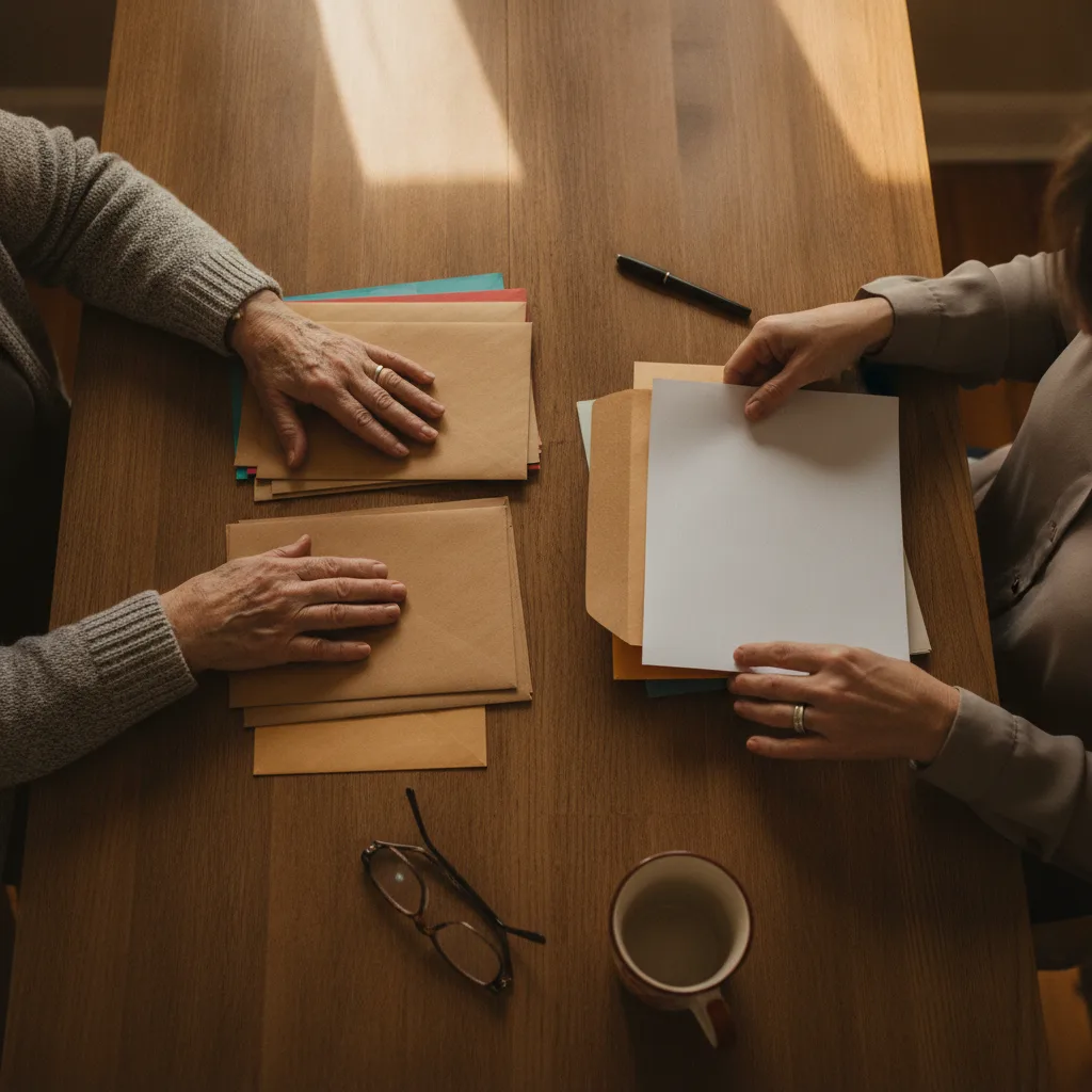Parler d'argent avec ses enfants : les mains d'une mère alignent des enveloppes et des chemises de couleur sur la table