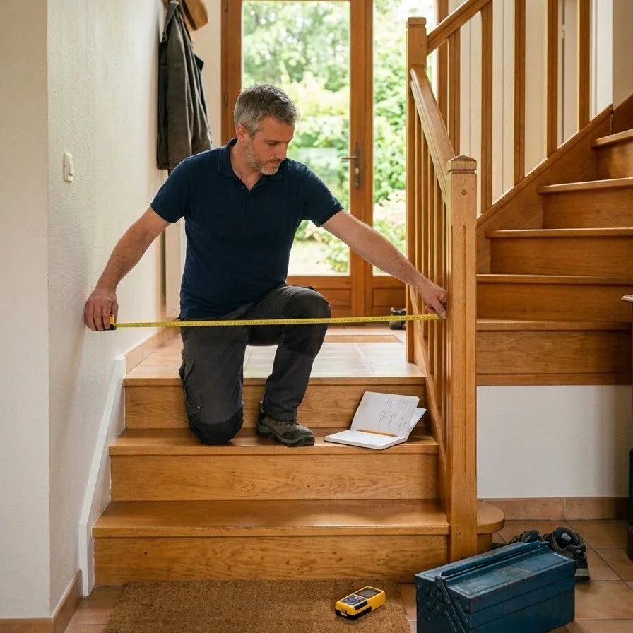 Choisir sa plateforme élévatrice : l’installateur mesure au mètre ruban la largeur d’un escalier de maison et la place libre au pied des marches