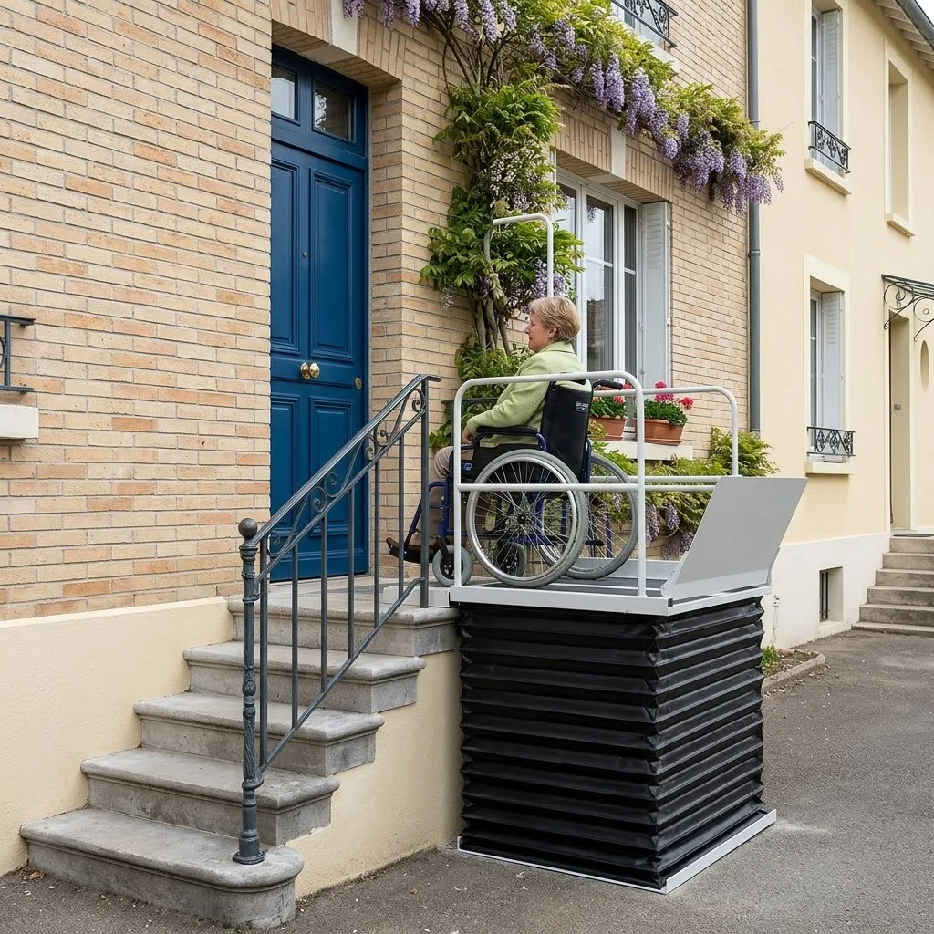 Plateforme élévatrice PMR verticale pour fauteuil roulant, installée devant le perron d'une maison, avec une personne âgée à bord