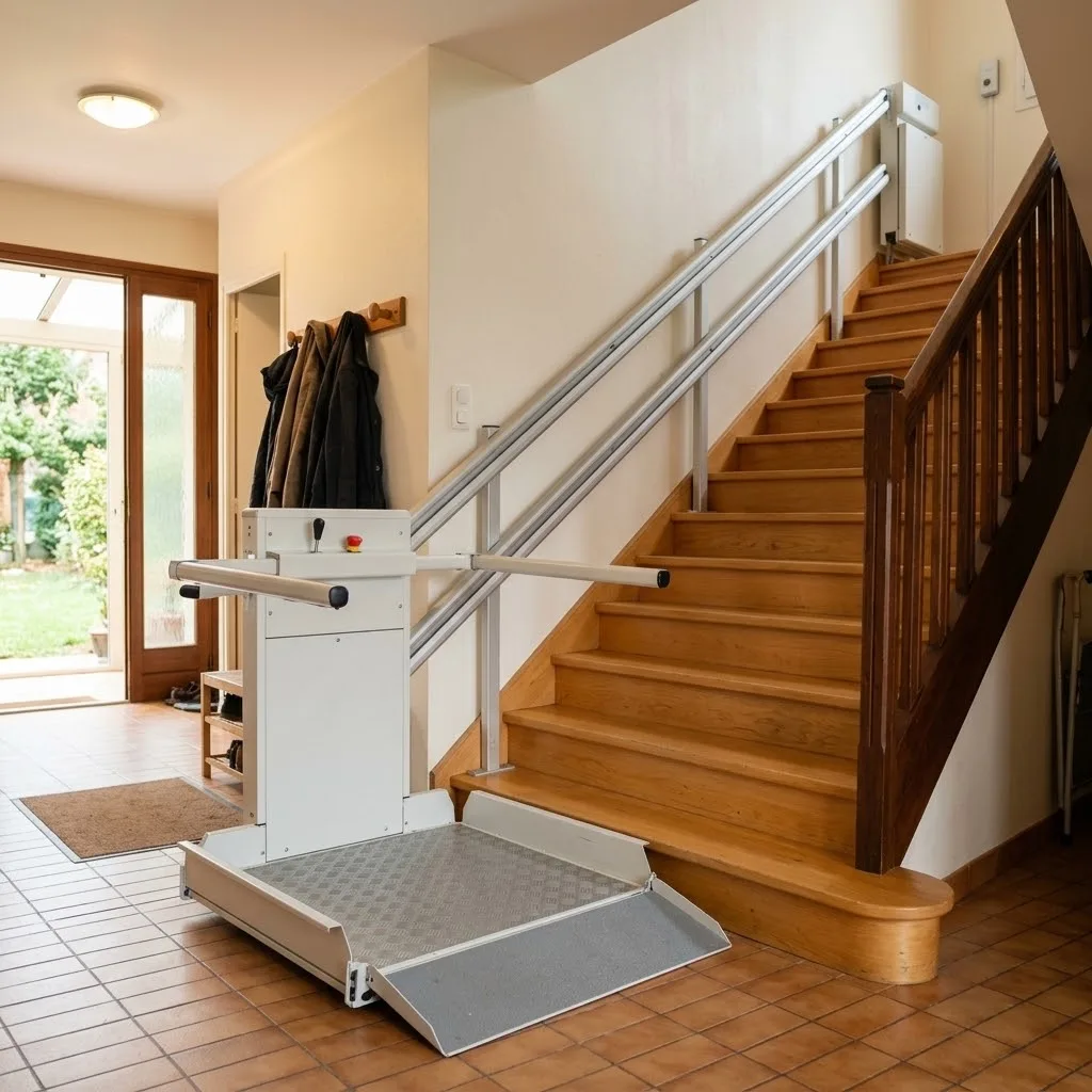 Plateforme monte-escalier droite pour fauteuil roulant, plateau déplié en bas d’un escalier droit, rail fixé au mur