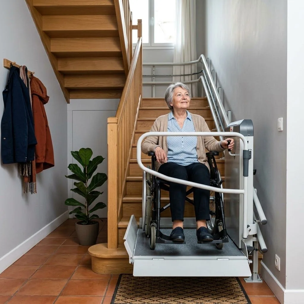 Plateforme monte-escalier pour fauteuil roulant : une femme âgée monte l’escalier de sa maison sur le plateau, bras de sécurité fermés, sans quitter son fauteuil