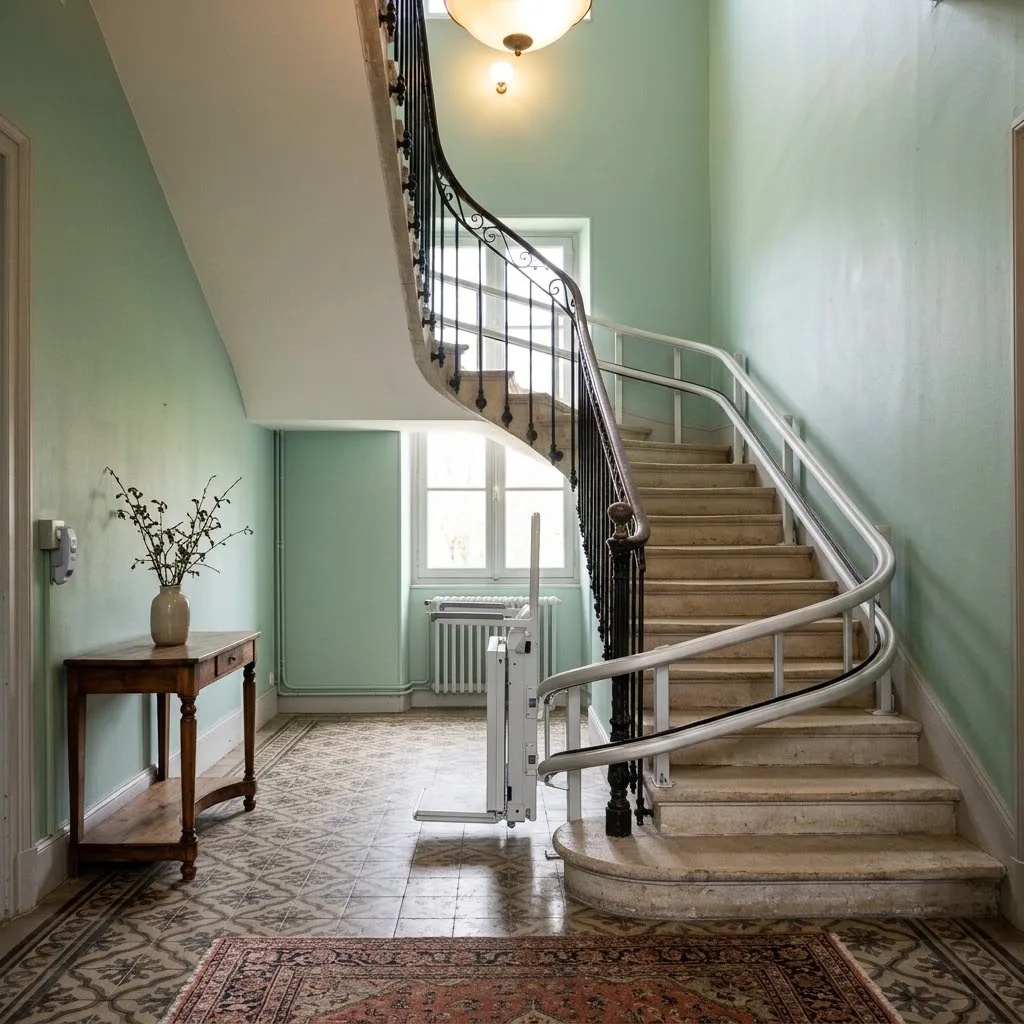 Plateforme monte-escalier tournante, plateau replié contre le mur d’un escalier à quart tournant, rail cintré qui suit le virage