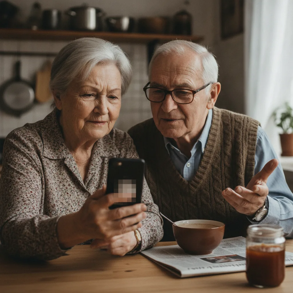 Démarches en ligne pour les seniors : une femme montre à son mari un message suspect sur son téléphone, l'air méfiant