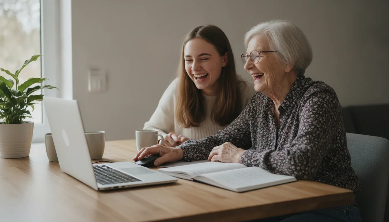 Démarches en ligne pour les seniors : une femme de 80 ans et sa petite-fille côte à côte devant un ordinateur portable