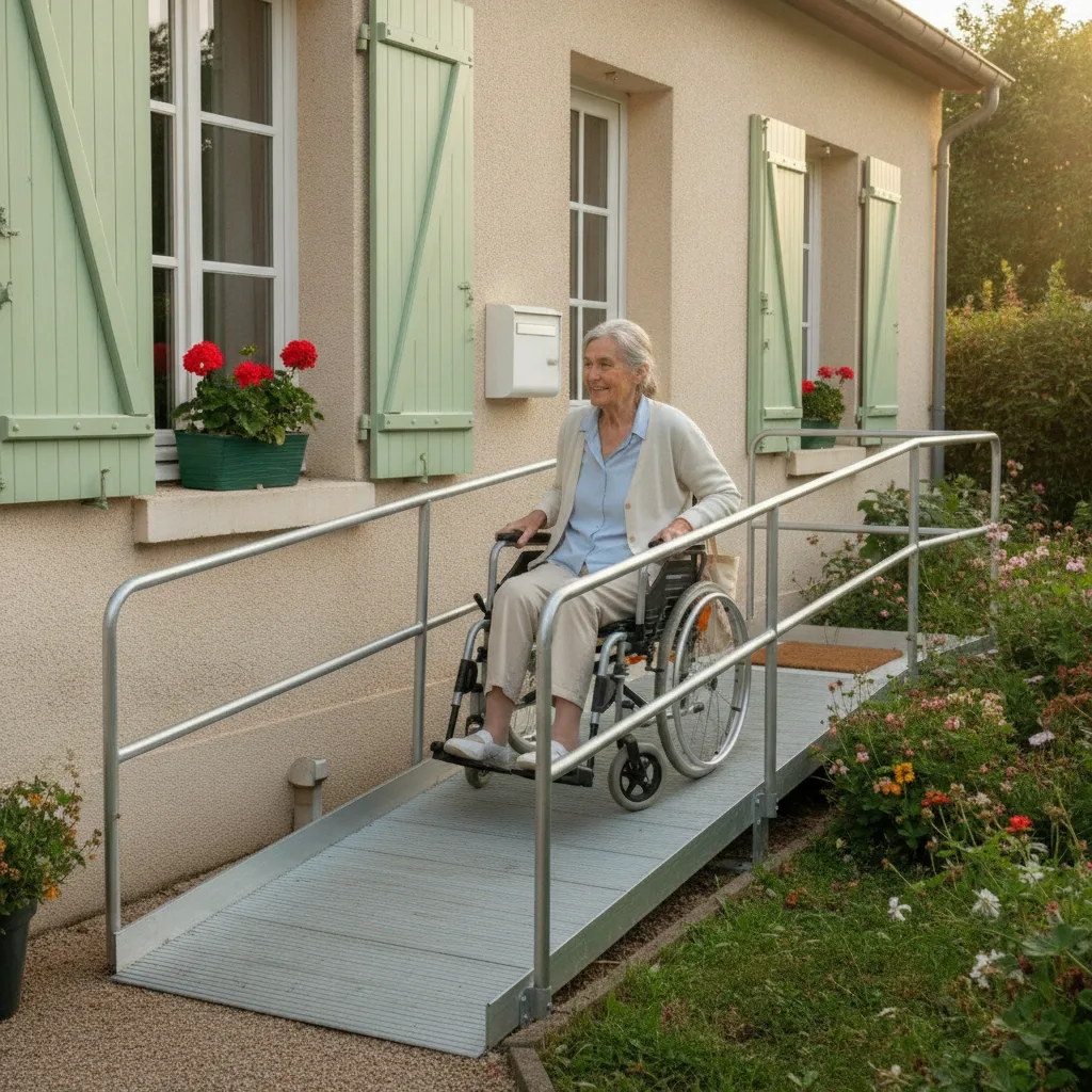 Rampe d’accès handicapé pour fauteuil roulant : une femme âgée souriante monte seule la rampe fixe en aluminium qui longe la façade de sa maison, un cabas au dossier