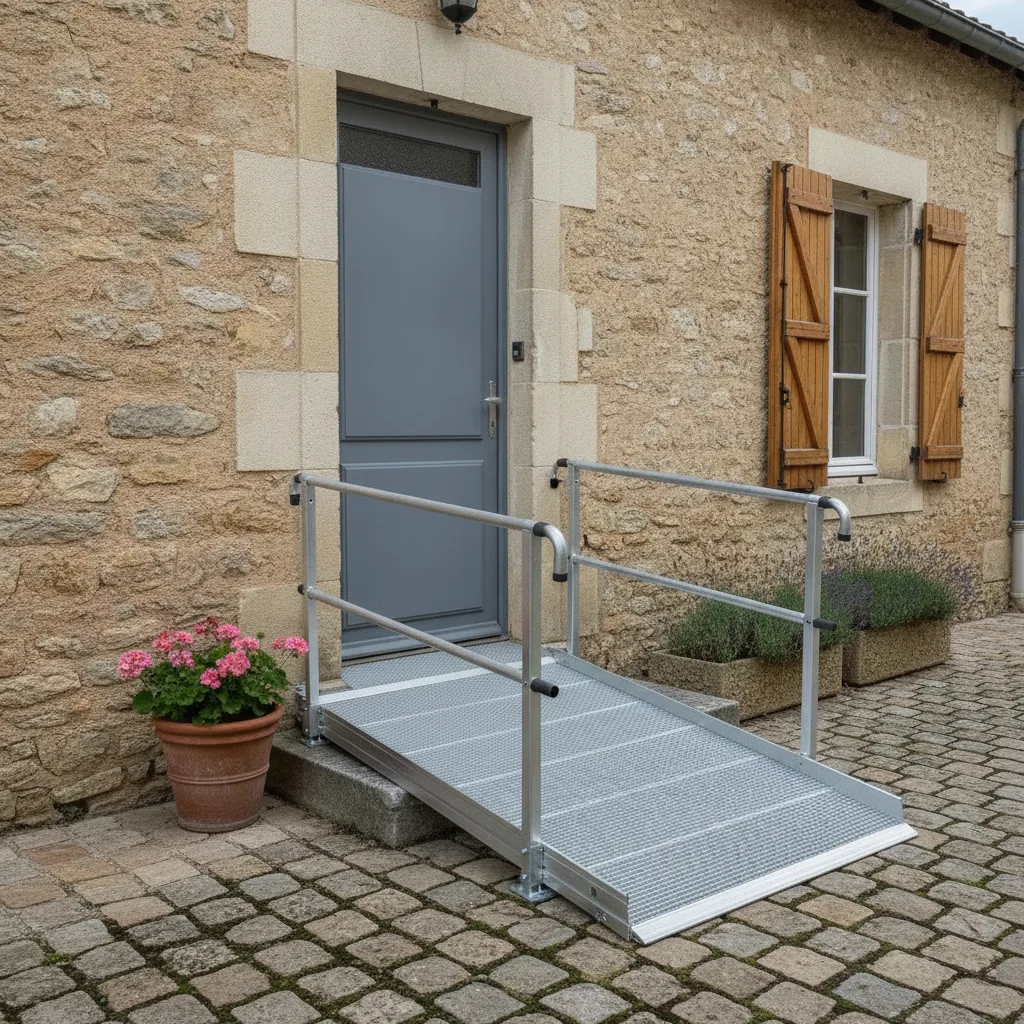 Pose d’une rampe PMR, après : la même porte avec une rampe droite en aluminium à caillebotis et double main courante, qui descend du seuil jusqu’aux pavés de la cour