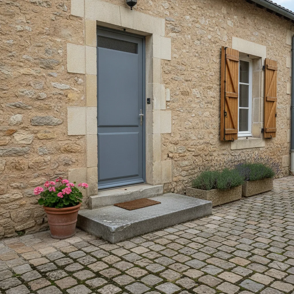 Pose d’une rampe PMR, avant : la porte d’entrée d’une maison en pierre avec une seule marche devant, une cour pavée, un pot de géraniums et une jardinière de lavande