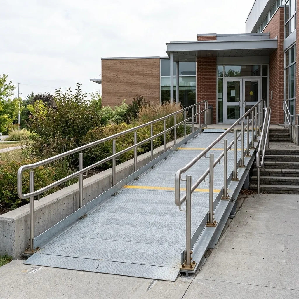 Rampe PMR pour personne handicapée en fauteuil roulant, avec double main courante, devant l'entrée d'un bâtiment