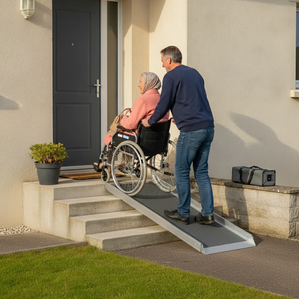Rampe pliable en aluminium dépliée sur les trois marches d’un perron, un homme pousse le fauteuil roulant de sa mère jusqu’à la porte