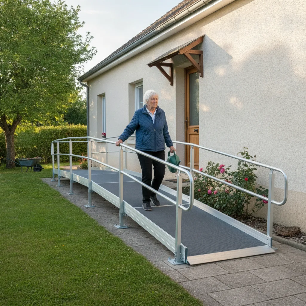 Rampe PMR fixe en aluminium modulaire le long d’une maison de plain-pied, garde-corps à double main courante, une femme âgée la descend un arrosoir à la main