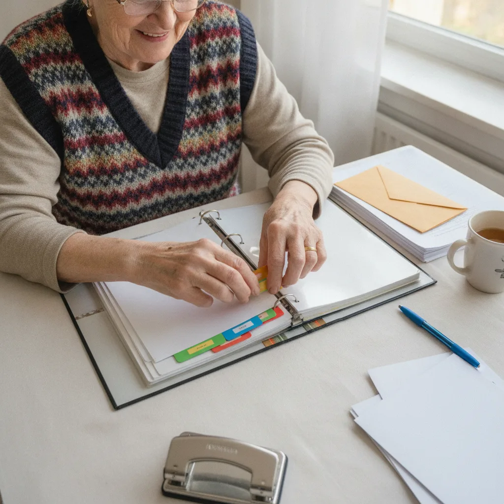 Classer ses papiers à la retraite : des mains placent des intercalaires de couleur dans un grand classeur ouvert
