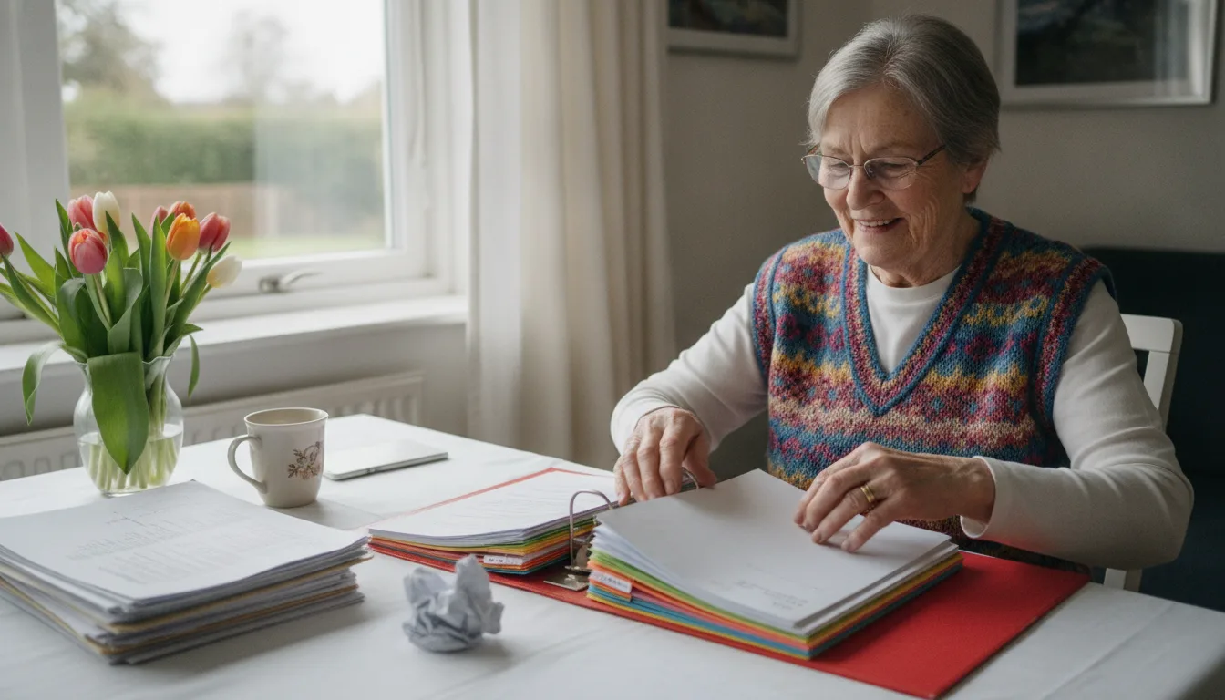 Classer ses papiers à la retraite : une femme senior referme d'un geste satisfait un grand classeur à intercalaires