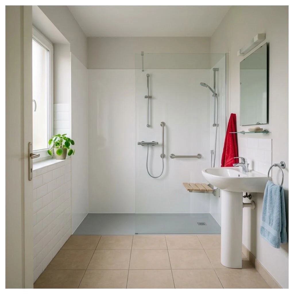 Remplacement de baignoire par une douche senior, après : la même salle de bain avec une douche de plain-pied, paroi de verre, barre de maintien et siège rabattable
