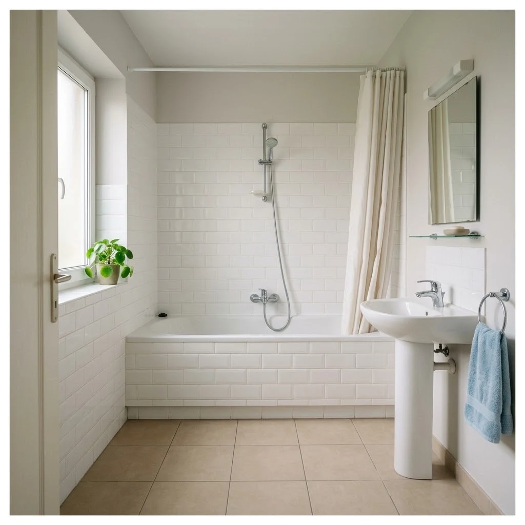 Remplacement de baignoire par une douche senior, avant : la baignoire classique à enjamber, rideau de douche et lavabo sur colonne
