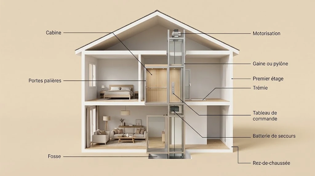 Schéma d'un ascenseur privatif de maison vue en coupe, avec ses éléments nommés, cabine, portes palières, motorisation, gaine ou pylône, trémie, fosse, tableau de commande et batterie de secours