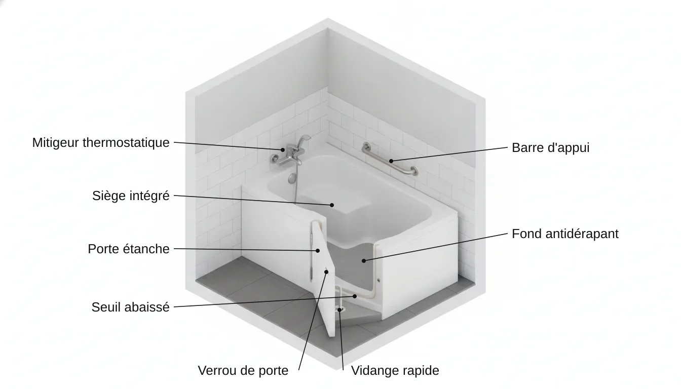 Schéma d'une baignoire à porte pour senior avec ses éléments nommés, porte étanche, seuil abaissé, siège intégré, barre d'appui, fond antidérapant, mitigeur thermostatique, vidange rapide et verrou de porte