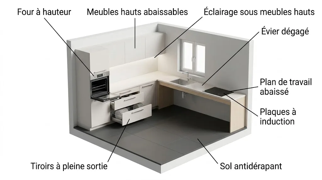 Schéma d'une cuisine PMR accessible en fauteuil roulant avec ses éléments nommés, plan de travail abaissé, évier dégagé, plaques à induction, four à hauteur, meubles hauts abaissables, tiroirs à pleine sortie, éclairage sous les meubles hauts et sol antidérapant