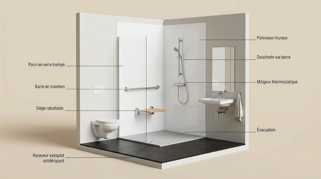 Schéma d'une douche senior sécurisée avec ses éléments nommés, receveur extraplat antidérapant, paroi en verre trempé, barre de maintien, siège rabattable, mitigeur thermostatique, douchette sur barre, panneaux muraux et évacuation