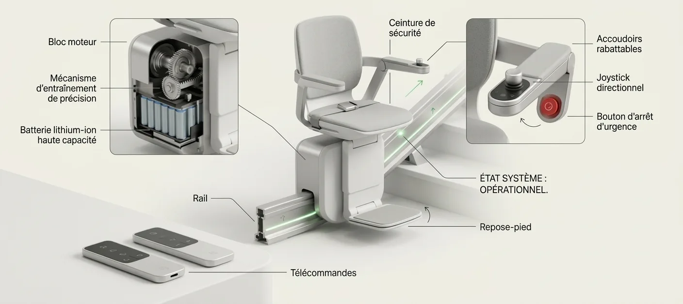 Schéma d'un monte-escalier électrique avec ses éléments nommés, bloc moteur, batterie, rail, télécommandes, repose-pied, ceinture, accoudoirs rabattables, joystick et bouton d'arrêt d'urgence