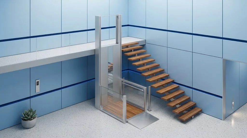 Plateforme élévatrice PMR en rendu 3D : plateau en bois avec garde-corps vitrés, colonne de levage, portillon et rampe rabattable, installée au pied d'un escalier pour rejoindre l'étage