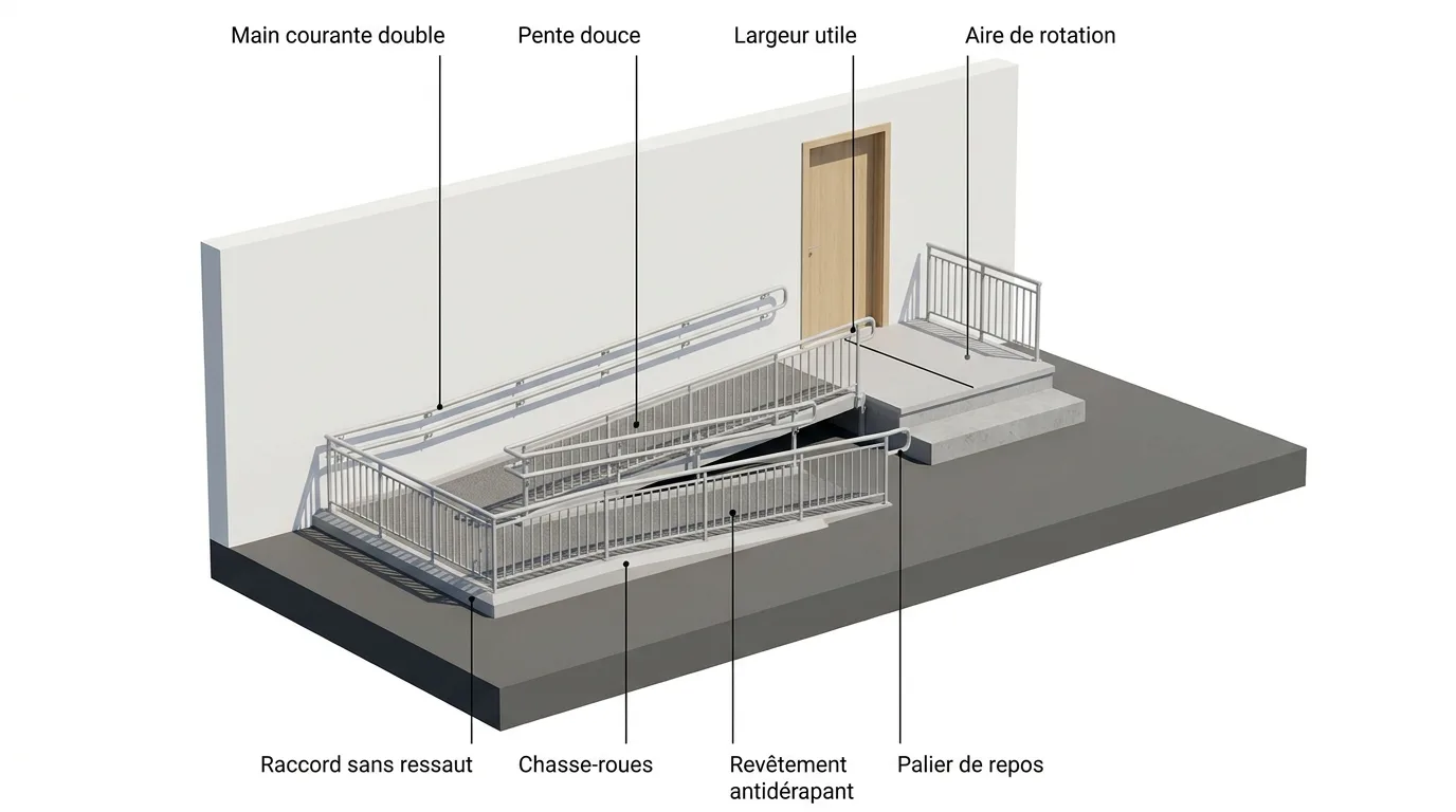 Schéma d'une rampe PMR conforme avec ses éléments nommés, pente douce, largeur utile, palier de repos, aire de rotation, main courante double, chasse-roues, revêtement antidérapant et raccord sans ressaut