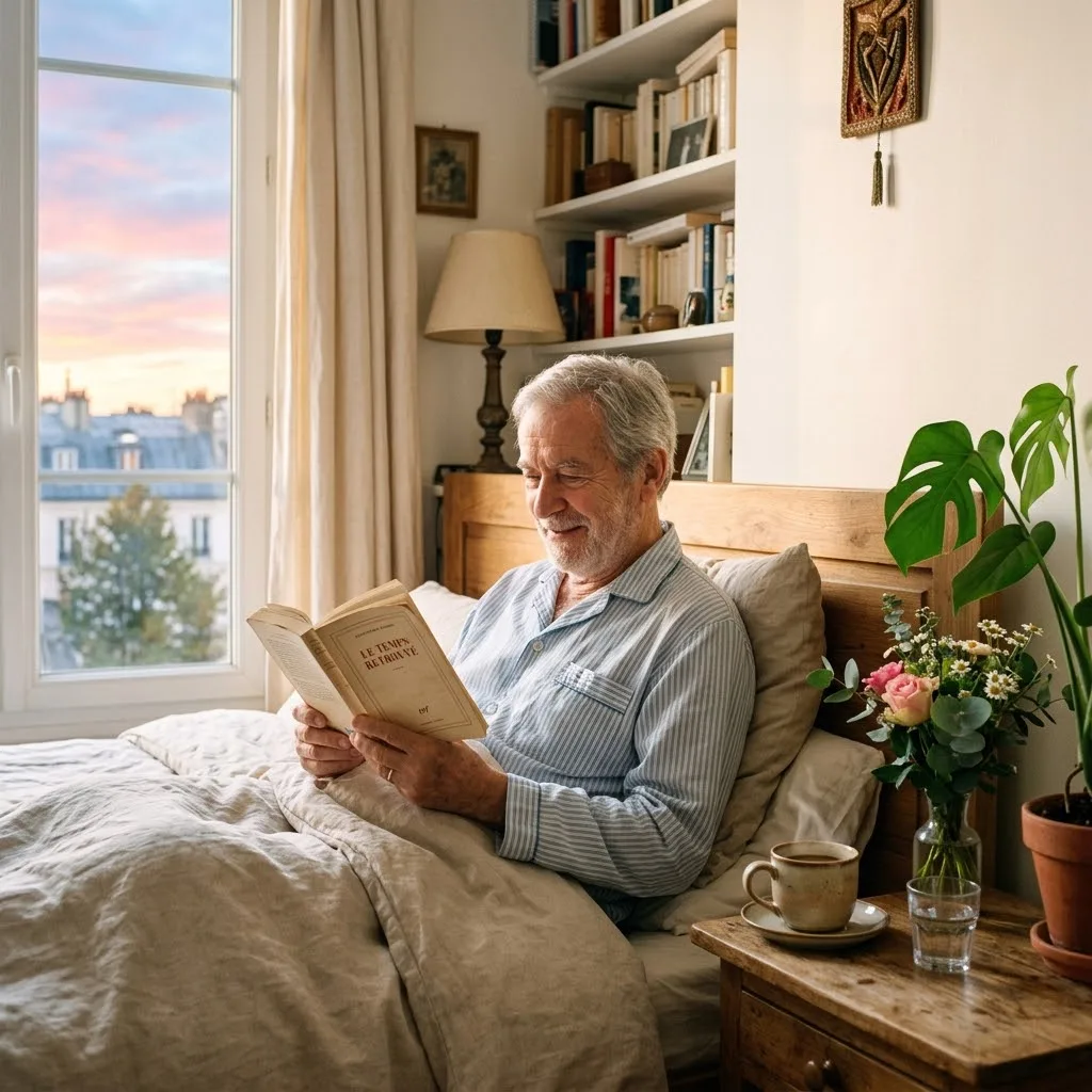 Mal dormir après 70 ans : un homme senior réveillé tôt lit dans son lit, la lampe de chevet allumée